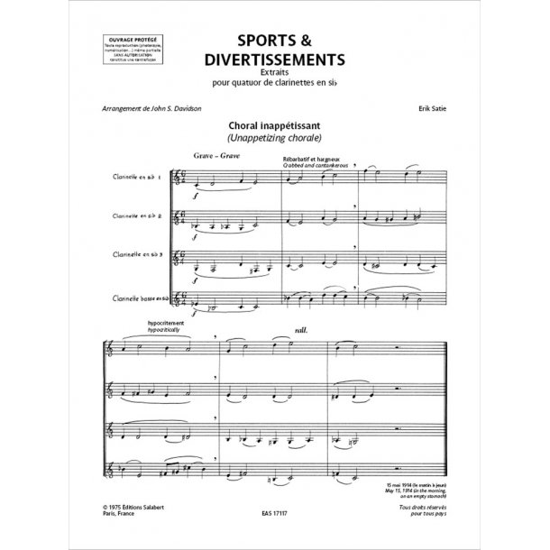 Sports et Divertissements - Extraits : pour quatuor de clarinettes en si b&eacute;mol - arrangement de John S. Davidson